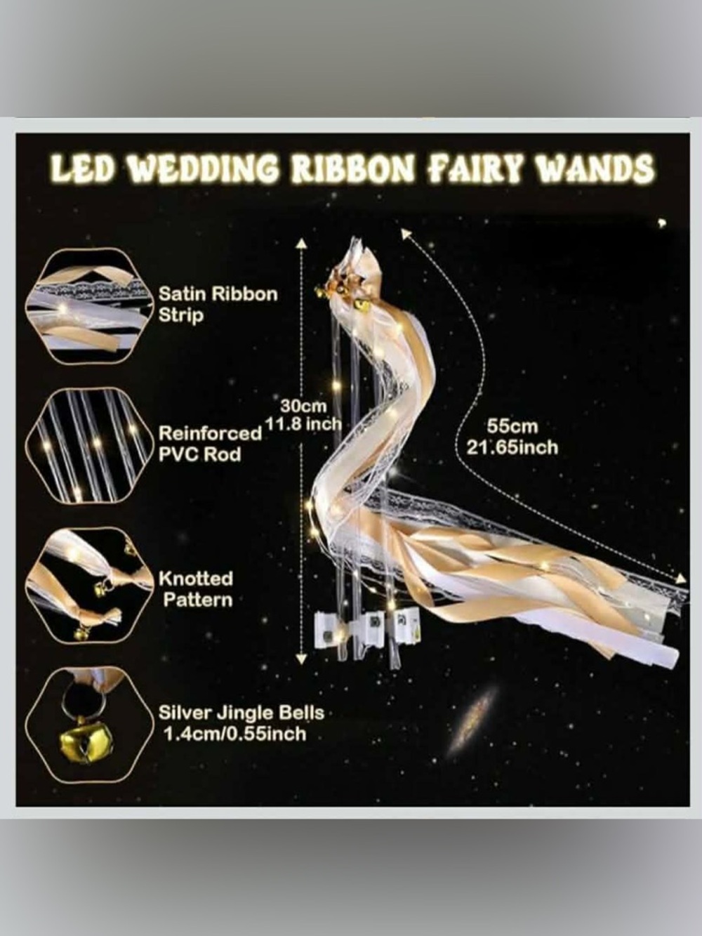 50 individually wrapped LED wands with Champagne ribbon and white lace with bell